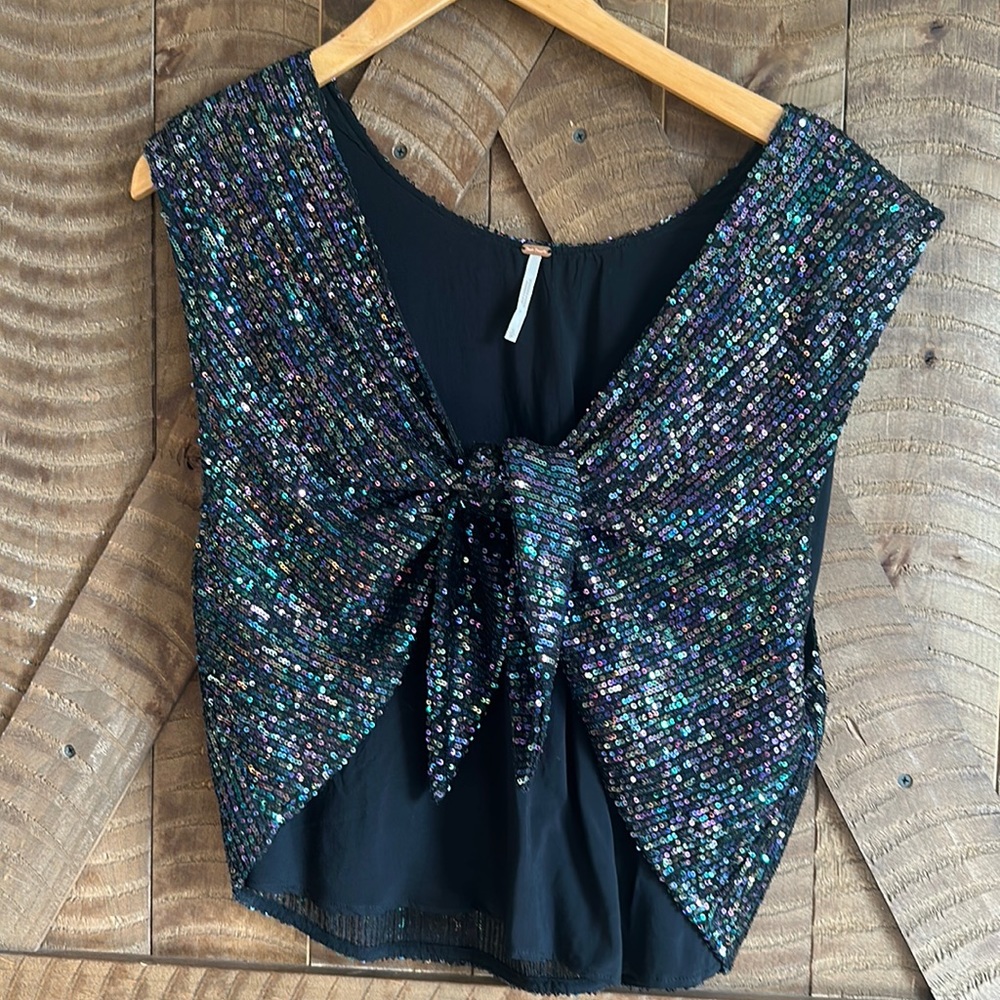 Free People Black and Multicolor Sequin Top